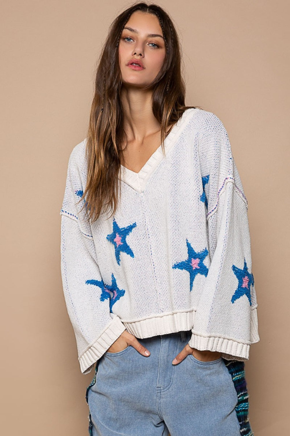 V Neck Star Patch Sweater