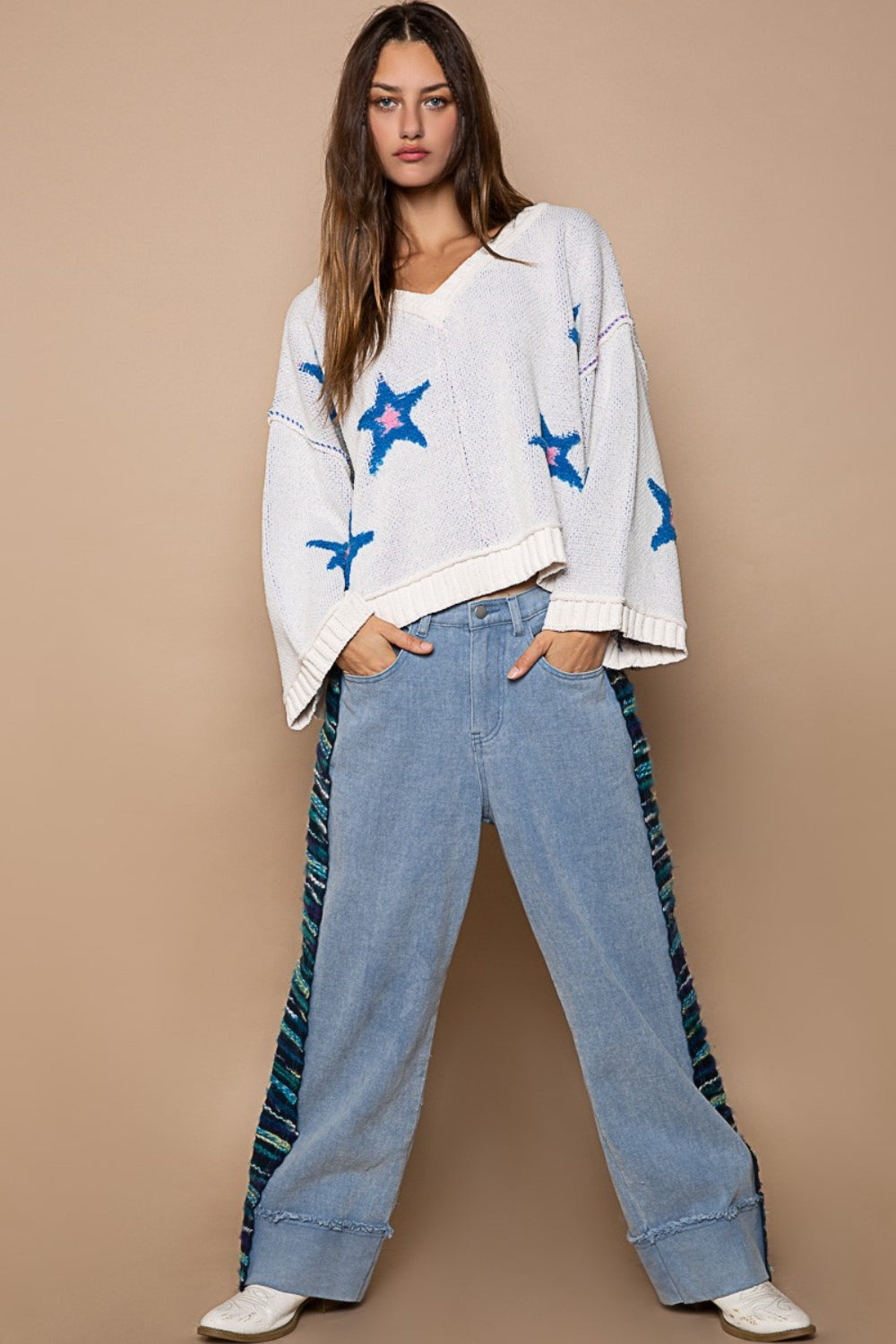 V Neck Star Patch Sweater