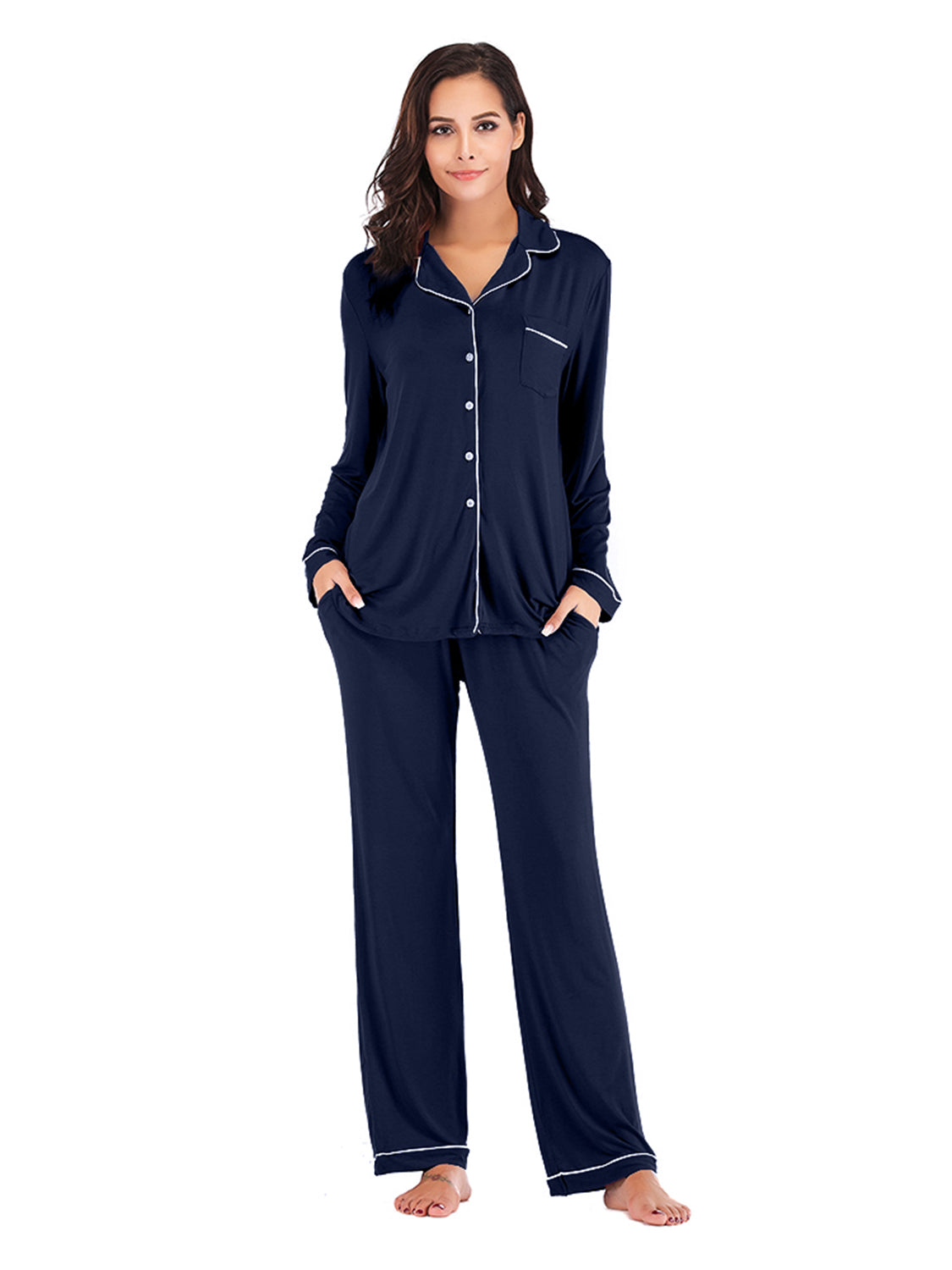 Collared Neck Long Sleeve PJ Set with Pockets