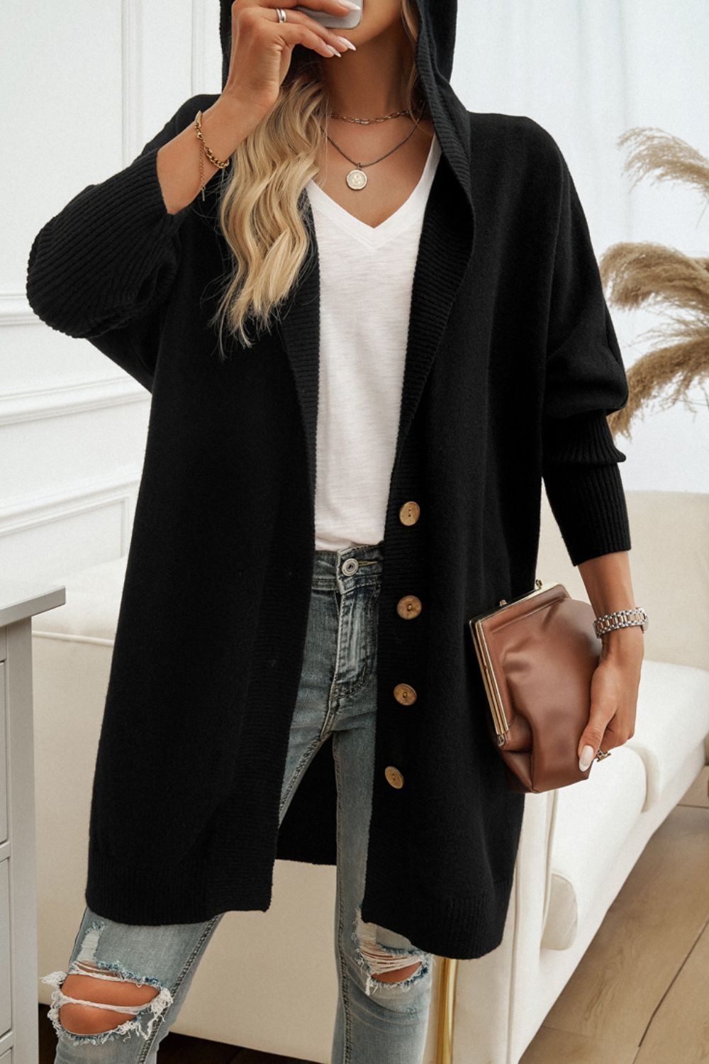 Button Up Long Sleeve Hooded Cardigan